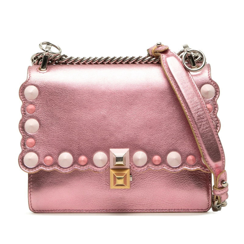 Fendi Kanai Studded Crossbody Chain Shoulder Bag Metallic Pink Leather